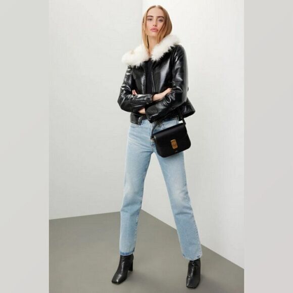 UNREAL FUR Vegan Leather Aviator Bomber Jacket Faux Fur Collar Full Zip Coat XL - Picture 12 of 15